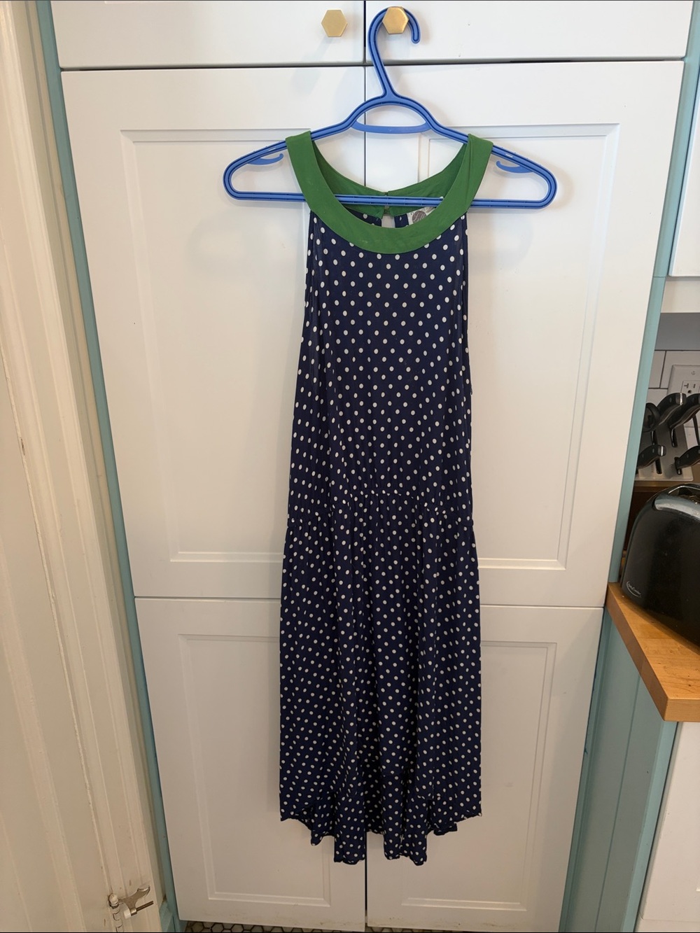 Anthropologie Navy Polka Dot High-Low Dress with Green Trim
